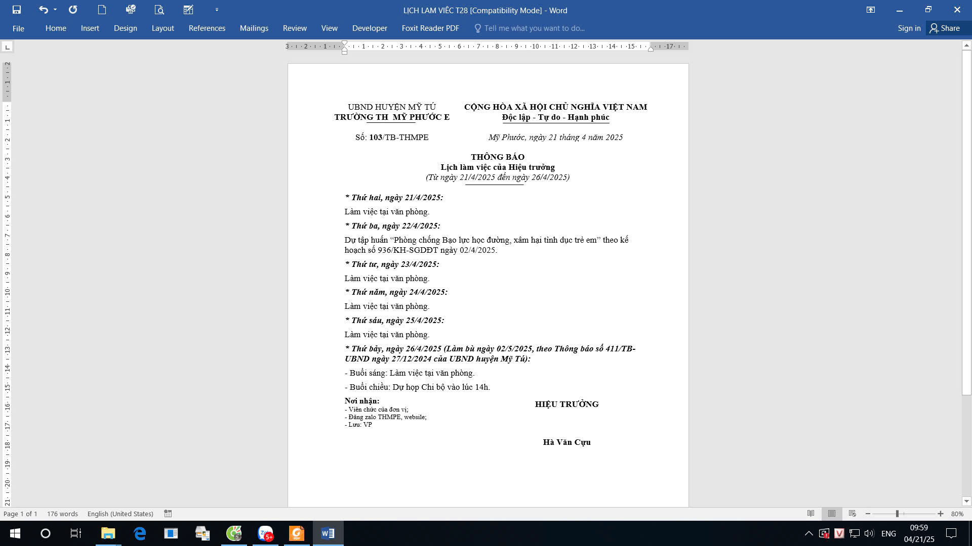 LỊCH LÀM VIỆC CỦA HT TỪ NGÀY 21/4/2025 ĐẾN NGÀY 26/4/2025